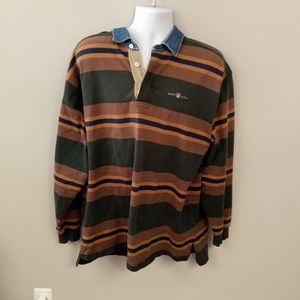 Vintage Men's Gant Green Brown Blue Stripe Long Sleeve Collared Henley S…